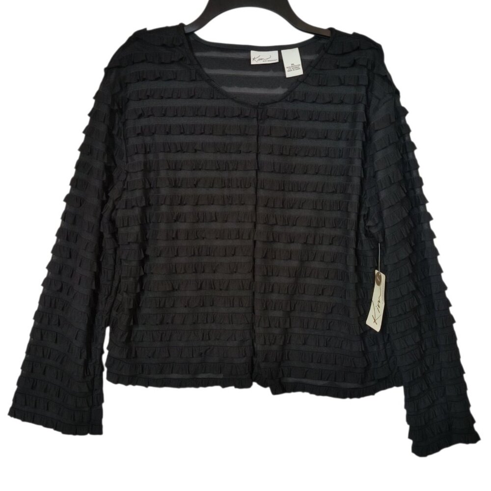 Kim Rogers Round Neck Ruffle Sweater Lightweight Cardigan Black Women's XL
